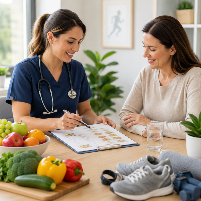 Healthcare professional reviewing a nutrition and lifestyle plan with a patient