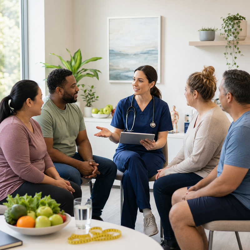Healthcare professional discussing medical weight-loss eligibility with adult patients